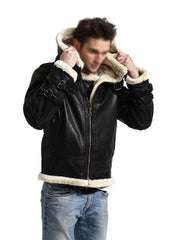 B3 Bomber Hooded Leather Jacket - Black