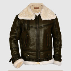 Army Green Men's B3 Bomber Shearling Leather Jacket