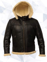 B3 Black Bomber Real Shearling Leather Jacket Removable Hooded