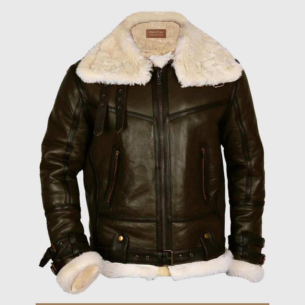 Army Green Men's B3 Bomber Shearling Leather Jacket