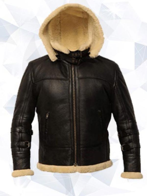 B3 Black Bomber Real Shearling Leather Jacket Removable Hooded